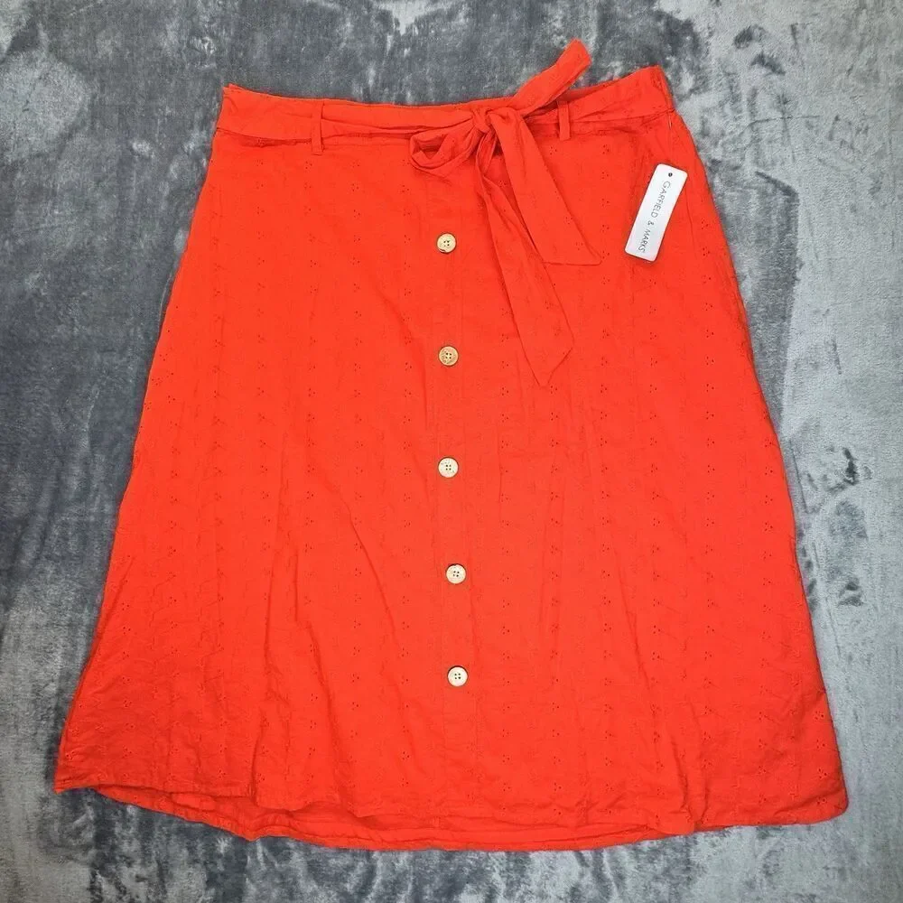 Garfield & Marks Sz XL Embroidered Lined Skirt Button Front Tie Elastic Waist